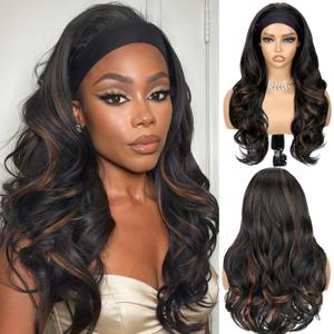 Quantum Love Curly Headband Wig Layered Headband Wigs for Black Women TALOS Mix Brown Long Wavy Curly Synthetic Half Wig