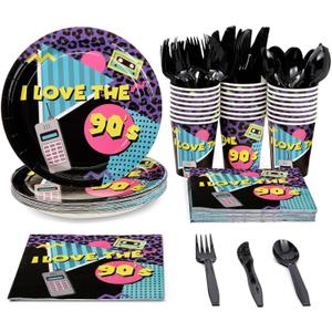 BLUE PANDA 144 Piece I Love the 90s Theme Party Decorations, Retro 1990s Birthday Plates, Napkins, Cups, Cutlery (Serves 24) - 1990s Party Decorations