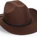 Classic-Western-Cowboy-Hat Upturn-Brim Felt-Cowgirl-Hat Rodeo-Hats with Belt for Women Men (Fit for 22.4-23.2") (Brown)