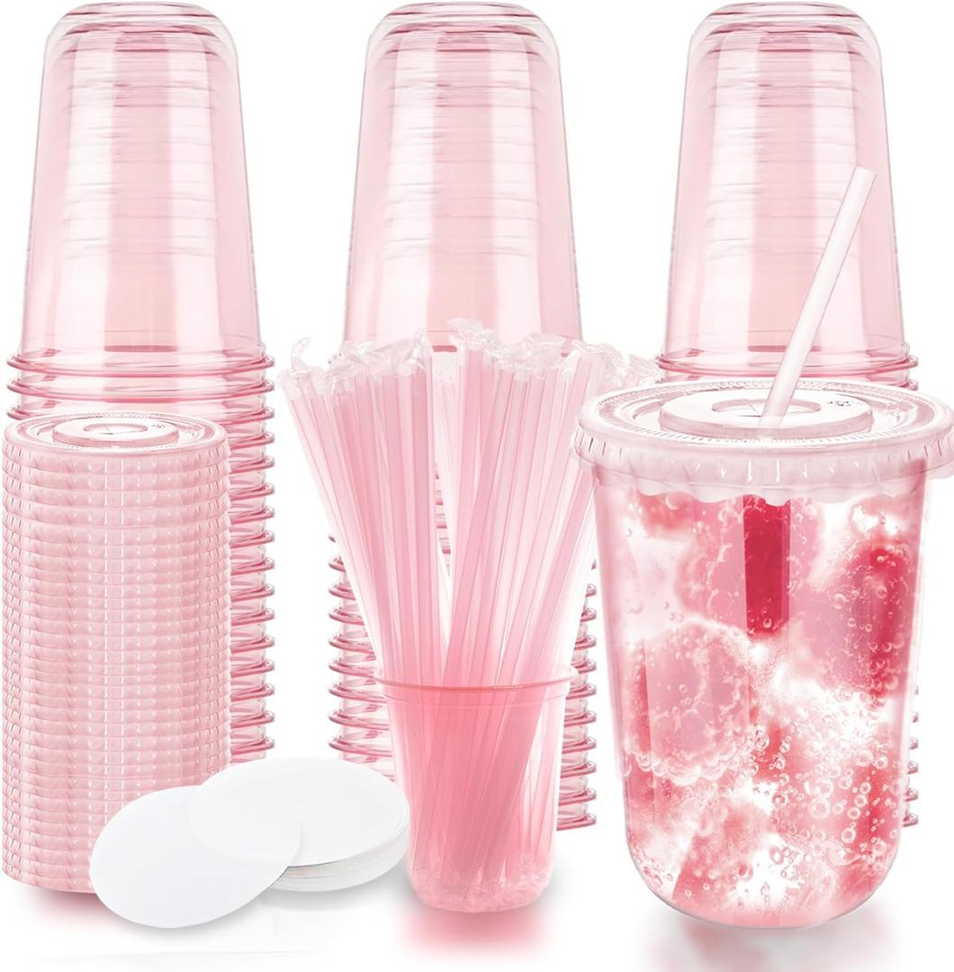 16oz Disposable Stemless Glasses with Flat Lids and Straws,PET Disposable Drinking Cups,Clear Plastic Wine Glasses for Parties Birthday,Wedding,Meeting,Christmas Party Supplies. (50, Pink)