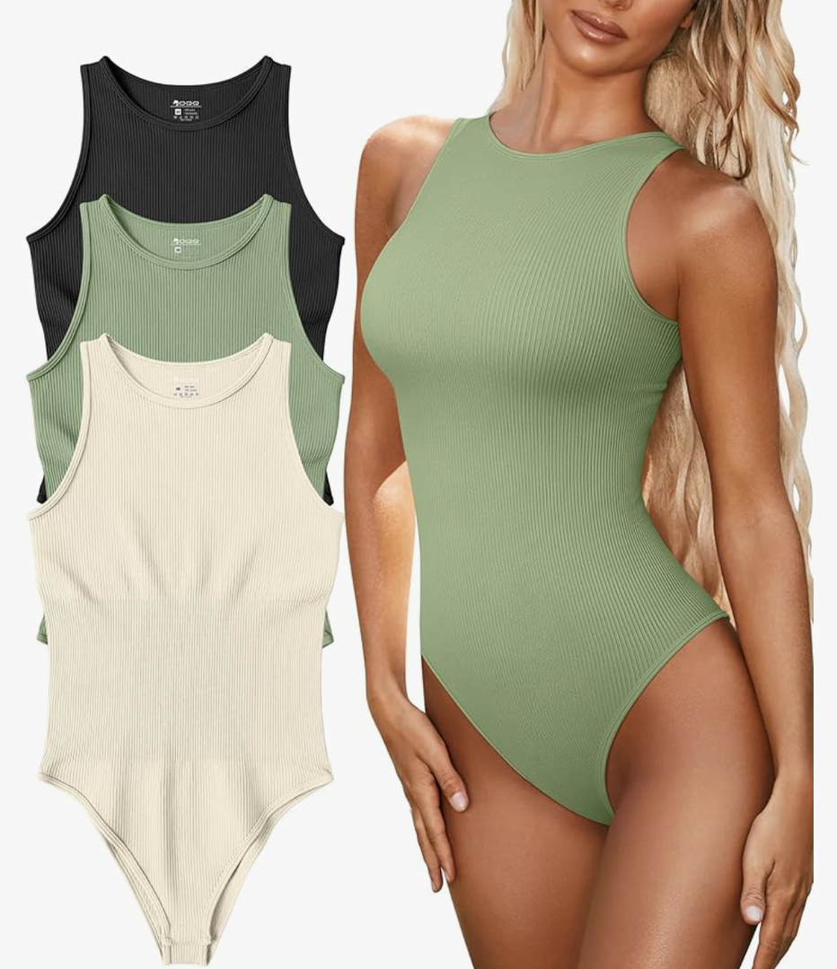 OQQ Women's 3 Piece Bodysuits Sexy Ribbed One Piece Sleeveless Halter Neck Tops Leotard Summer Trendy Small