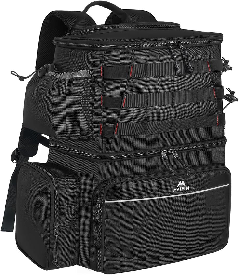 MATEIN Fishing Backpack, Water Resistant Fishing Tackle Box Bag with Rod Holders & Cooler, Gear Gifts for Men (Black - Large)