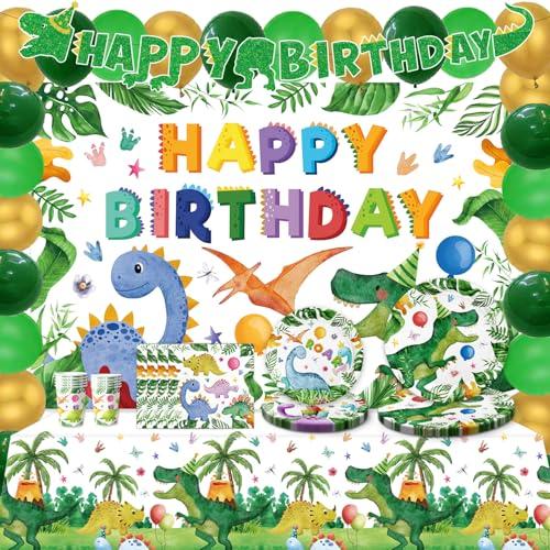 82Pcs Dinosaur Birthday Decorations Include Banner Backdrop Tablecloth Plates Napkins Cups Balloons for Dinosaur Theme Party Birthday Decorations