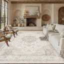 Beige Area Rug 8x10 Washable Vintage Carpet for Living Room Bedroom Large Soft Retro Low Pile Thin Indoor Rug Non Slip Oriental Medallion Floor Cover for Dining Room Office