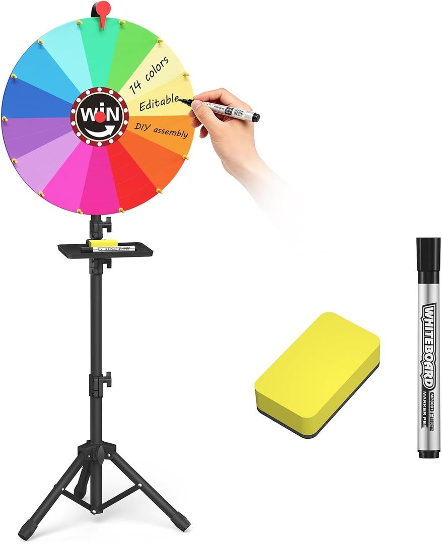 24 inch Prize Wheel, 14 Color Slots, Adjustable 47"-80" Height Spinning Wheel for Prizes with Marker & Eraser, Large Spin the Wheel Game with Stand, Suitable for Party, Carnivals & Tradeshow