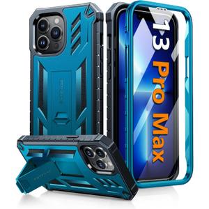FNTCASE for iPhone 13 Pro Max Case: [Built-in Screen Protector & Kickstand] [Military Grade Drop Protection] Heavy Duty Full Protective Matte Textured Shockproof TPU Rugged Phone Cover - Blue