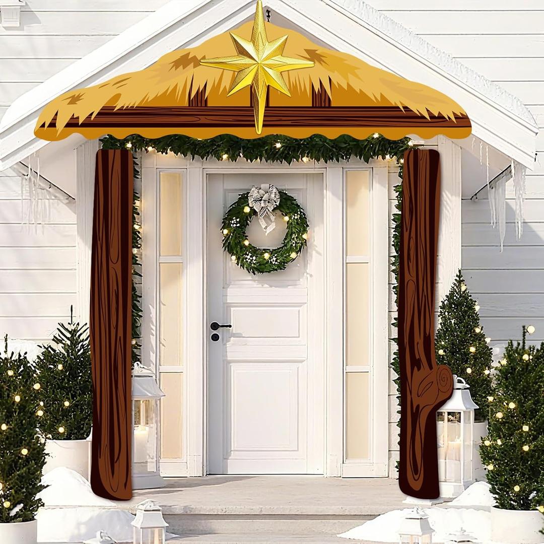 Nativity Stable Scene Porch Banners Christmas Nativity Outdoor Door Decorations Religious Nativity Porch Signs Holy Jesus Birth Manger Scene Hanging Banner for Xmas Church Winter Holiday Xmas Photo Props Yard Decorations
