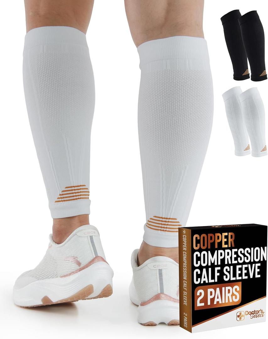 Doctor's Select 2 Pairs Copper Calf Compression Sleeve - Leg Compression Sleeves for Women & Men, Shin Splint Relief (Large-X-Large, Black and White)