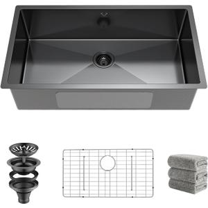 Kitchen Sink 32x18 Inch Undermount Kitchen Sink 16 Gauge Stainless Steel Single Bowl Gun Metal Black Finish with Accessories