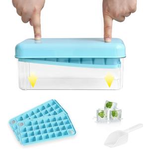 Ice Cube Tray with Lid and Bin, 60pcs Mini Ice Cubes, Ice Cubes Mold, with 2 Trays, Freezer Ice Bin, for Chilling Drinks Coffee, Ice Cube Trays for Freezer, Ice Trays for Freezer with Bin(Blue)