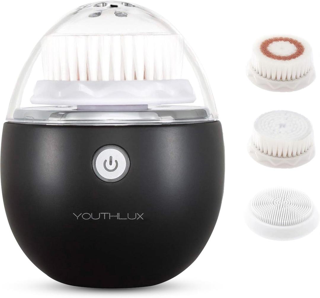 YOUTHLAB Pure Radiance, Vibrating Deep Facial Cleansing Scrub Brush, Electric, 3 Modes 3 Heads (2 Bristle/ 1 Silicone), Waterproof, Rechargeable, Smart Timer, Exfoliating, Massage (Black)
