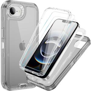 Compatible with iPhone 16e Case with HD Screen Protector, Heavy Duty Shockproof [3 in 1] Clear Phone Cases for iPhone 16e 6.1" (Black)