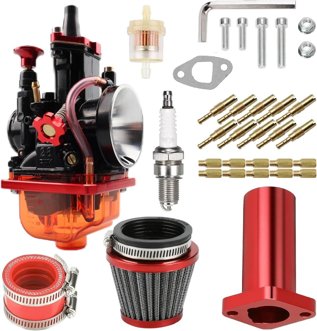 PWK28 Carburetor Intake Pipe Air Filter Kit  Performance Parts for Predator 212cc 196cc 200cc 6.5hp Engines  Ideal for Coleman CT200U BT200X KT196 Baja Warrior Mb200 Gx160 Mini Bike Go Kar (Red)