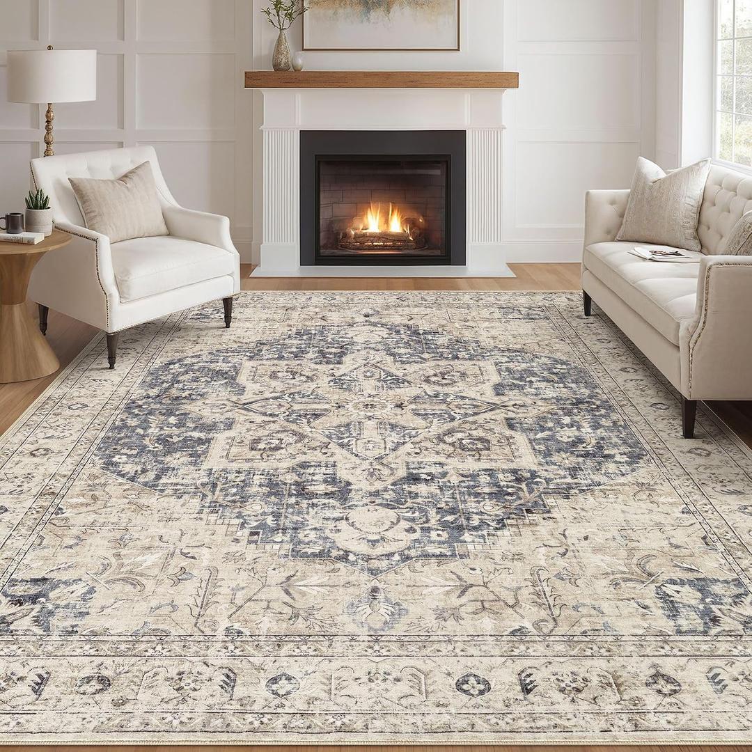 Tortania Area Rug Living Room Rugs - 9x12 Washable Boho Rug Vintage Oriental Distressed Farmhouse Large Thin Indoor Carpet for Living Room Bedroom Under Dining Table Home Office - Cream Blue