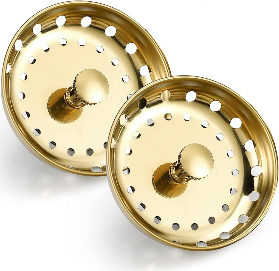Retisee 2 Pcs Kitchen Sink Stopper Strainer Stainless Steel Drain Strainers for Universal 3-1/2 Inch Kitchen Sink Drain Replacement(Gold)