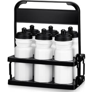 Suclain Water Bottle Carrier with 6 Bottles 20 oz Wide Mouth Water Bottles Plastic Sports Water Bottle Squeeze Water Bottles with Black Lid Team Water Bottles with Carrier for Fitness Bike Gym