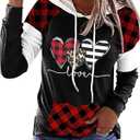 MHTOR Valentines Shirts Women Buffalo Plaid Love Heart Graphic Tees Letter Print Long Sleeve Tops Shirts Valentines Gift