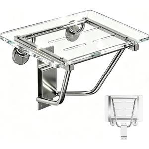 Folding Shower Seat Wall Mounted 350 lbs Capacity Heavy Duty Acrylic Shower Bench with Stainless Steel Bracket, Fold Down Bath Seat for Elderly, Disabled, Adults Space-Saving Transparent