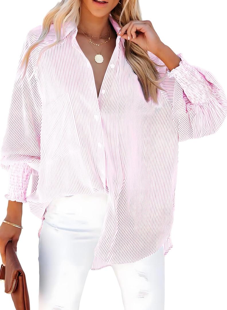 Dokotoo Womens V Neck Striped Button Down Shirts Long Sleeve Tunic Tops (Pink, L)