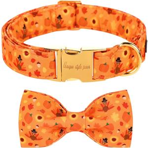 UP URARA PUP Halloween Pumpkin Dog Collar with Bow Tie, Orange Halloween Pet Bowtie Collar with Adjustable Metal Buckle,Fancy Dog Collar Bowtie for Girl Boy Dog,S