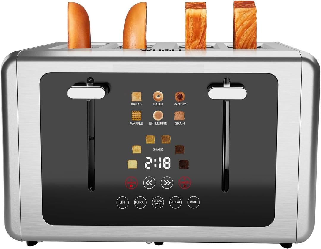whall 4 Slice Touch Screen Toaster, Stainless Steel Toasters Digital Timer, Dual Control Panel Toasters6 Shade Settings6 Bread Types, Smart Wide Slots, Bagel, Cancel, Defrost,Silver