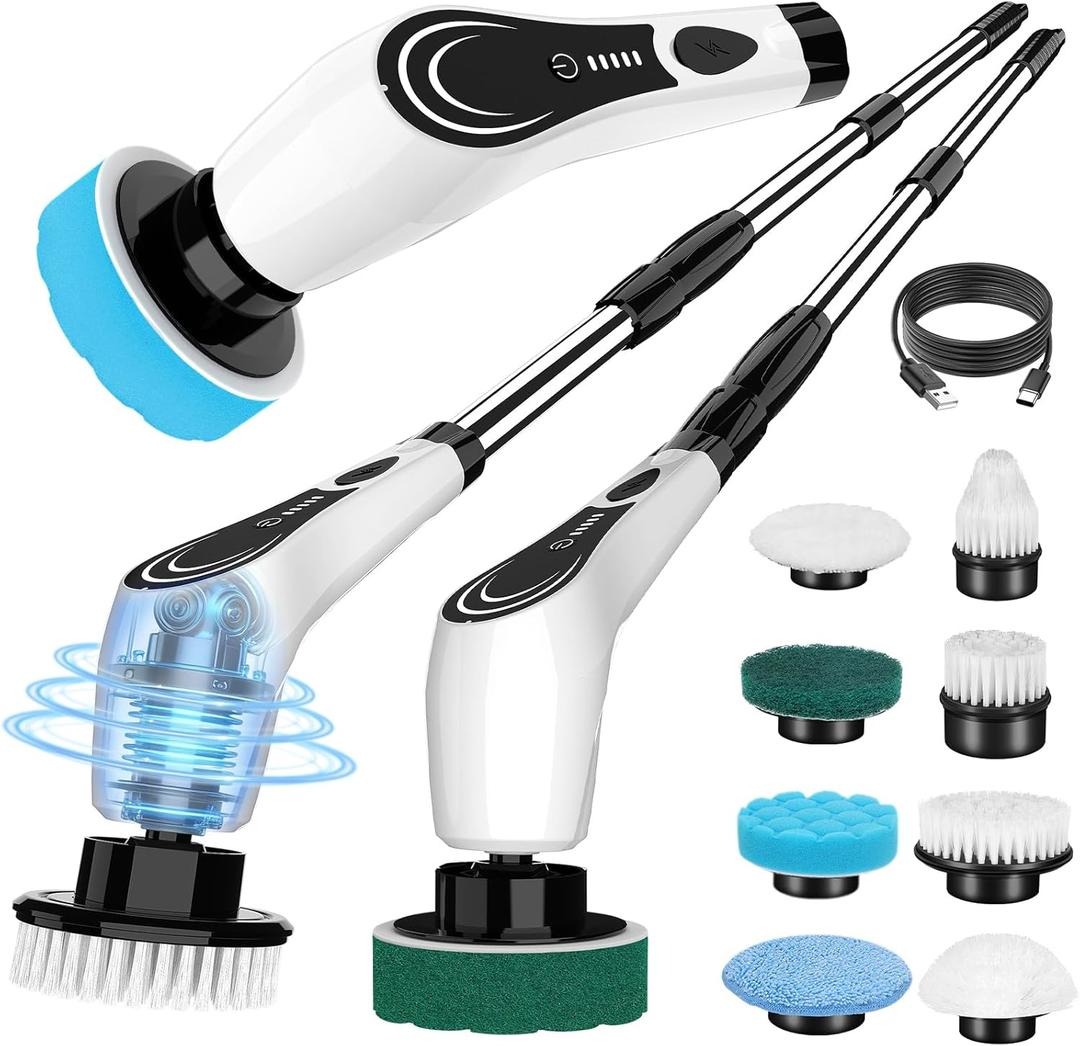 Electric Spin Scrubber, Cordless Power Scrubber with 8 Replaceable Brush Heads, 2-Speed Adjustable Handle, IPX7 Waterproof Shower Scrubber for Bathroom, Tile, Tub, Teens, White-qe1