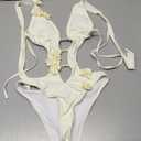 WDIRARA Women's 3D Floral Cut Out One Piece Swimsuit Deep V Neck Tie Halter Backless Swimwear, Small (Beige)