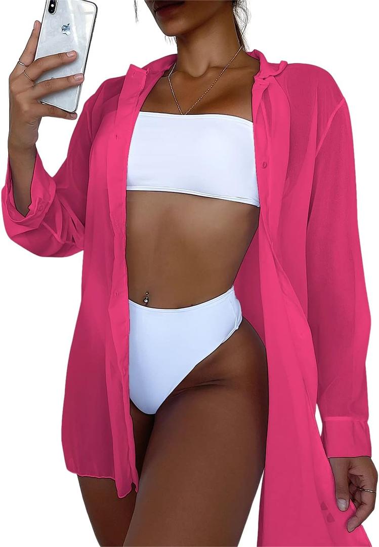 SHENHE Women's Sheer Button Up Long Sleeve Beach Kimono Cover Up Shirt Sun Dresses (Large, Hot Pink)
