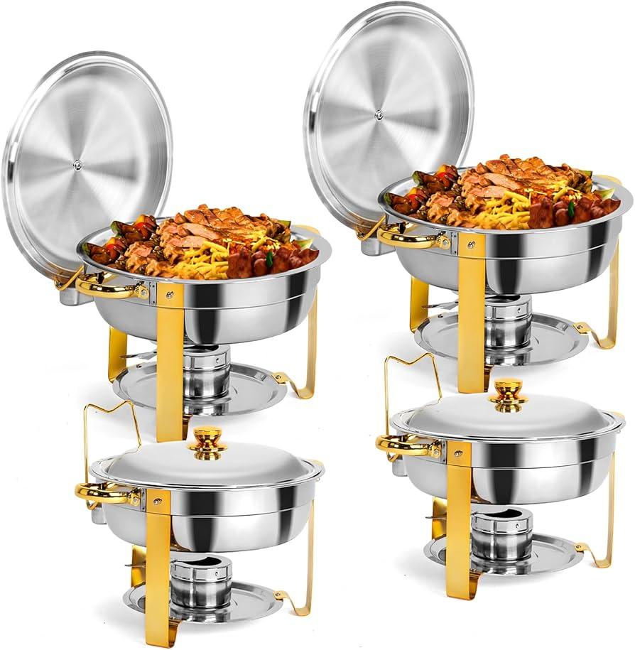 ROVSUN Gold Chafing Dishes for Buffet, 5 Qt 4 Pack Round Stainless Steel Chafing Dish Set with Lid Holder, Buffet Warmer Set for Parties, Christmas ...