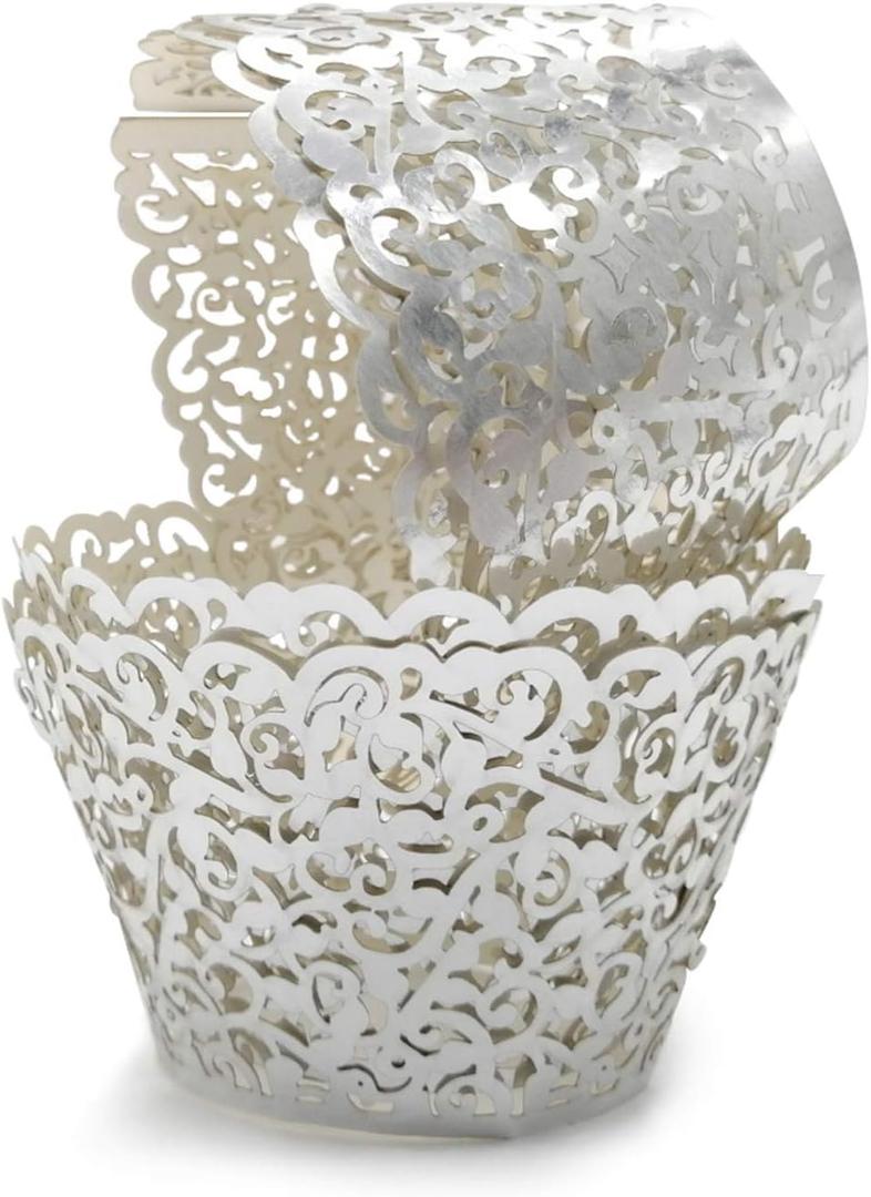 GOLF 100Pcs Cupcake Wrappers Artistic Bake Cake Paper Filigree Little Vine Lace Laser Cut Liner Baking Cup Wraps Muffin CaseTrays for Wedding Party Birthday Decoration (Silver)
