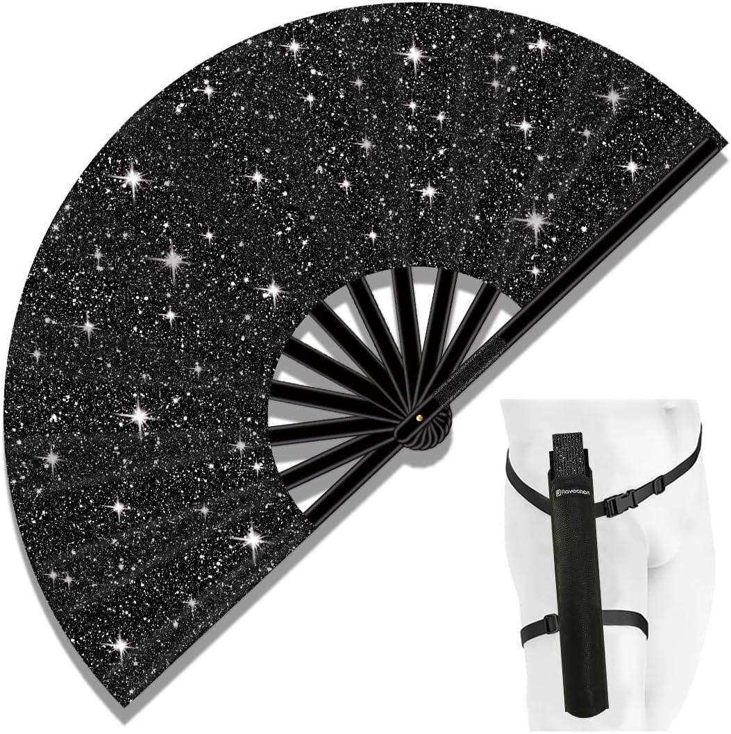 13" Large Folding Rave Fan with Holster, Clack Hand Fans Foldable for Line Dancing for Women Men Festival EDM Party Decoration, Glitter Black