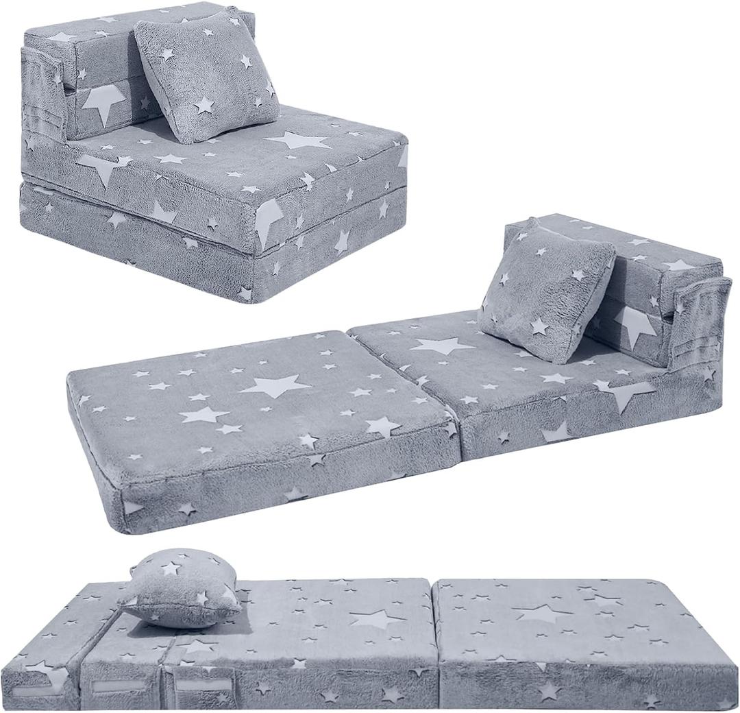 MeMoreCool Kids Tri-Fold Sofa Bed Glow Star Floor Mattress & Foldable Futon Chair Convertible Toddler Couch | Soft Plush Lounge Mat | Playroom Furniture | Includes Pillow