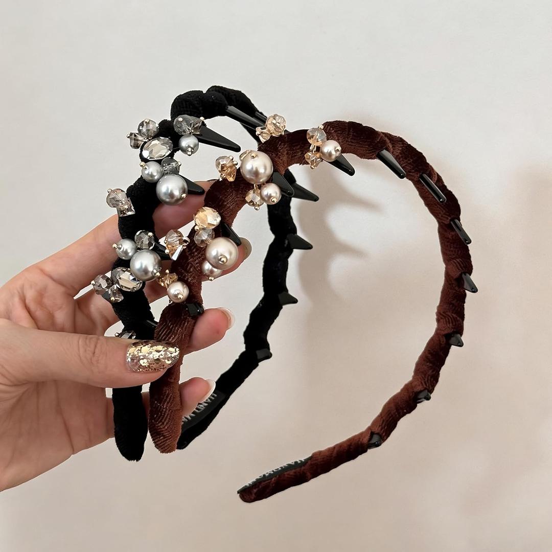 2 Pcs Velvet Pearl Headbands with Teeth for Women, Non-Slip Crystal Comb Hairbands, Elegant Rhinestone Braided Hard Head Bands, Vintage Hair Accessories for Thick Hair