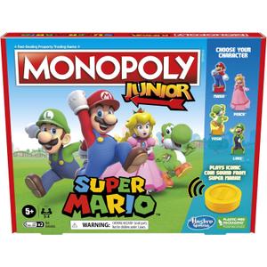 Monopoly Junior Super Mario Edition Board Game, Fun Kids' Ages 5 and Up, Explore The Mushroom Kingdom as Mario, Peach, Yoshi, or Luigi 