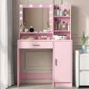 Vanity Desk with Mirror and Light, Large Drawer and Three Level Storage Dresser, 3 Lighting Modes Adjustable Brightness, Bedroom Dressing Table (Pink)