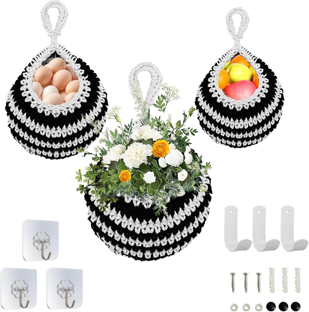 Small Hanging Fruit Baskets for Kitchen,3 Pack Boho Wall Hanging Basket, Handwoven Hanging Holder Home Produce Basket for Fruits Vegetable Potato Onion Storage (Black and white).