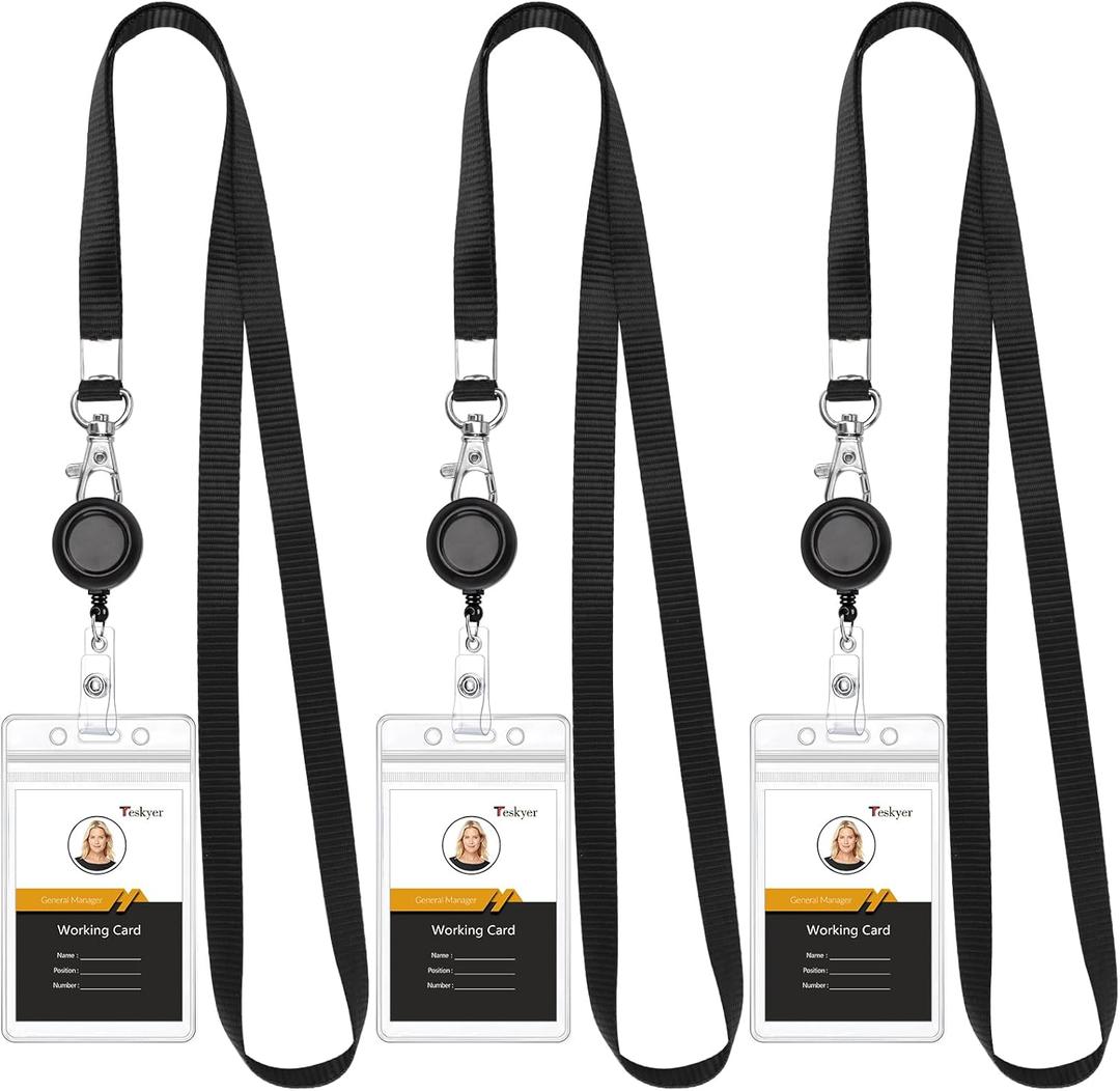 Teskyer 3 Pack Retractable Lanyards for ID Badges, Thick Clear Plastic ID Badge Holder with Lanyard and Badge Reel Clip for Name Work Cards, Cruise Ship Cards - Black