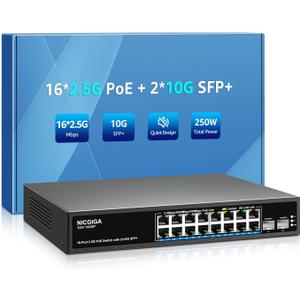 16 Port 2.5G PoE Switch Unmanaged with 16 Port 2.5Gb Base-T PoE+@250W + 2 x 10G SFP+ Uplink, NICGIGA 18 Port 2.5Gbe IEEE802.3af/at Power Over Ethernet Switch, Support WiFi6 AP, NAS, 4K PoE Camera NVR.