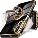 2 x Dretal for Samsung Galaxy A15 5G Case, Screen Protector, 360 Rotatable Ring Holder Magnetic Kickstand,Plated Gold Edge Slim Soft TPU Protective Phone Cover for Galaxy A15 5G (Black)