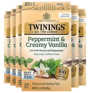 Twinings Peppermint & Creamy Vanilla Herbal Tea Individually Wrapped Bags, 20 Count (Pack of 6), Formerly Buttermint, Naturally Caffeine-Free, Enjoy Hot or Iced, 120 Teabags, BBD: 04/OCT/2027