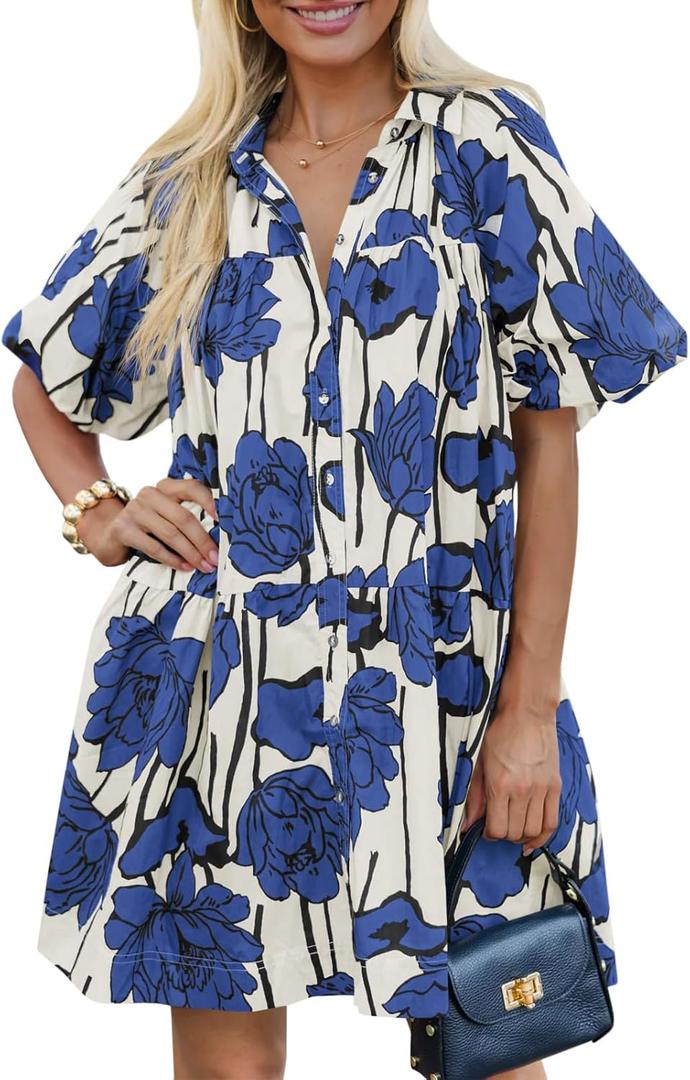 Wenrine Women's Summer Button Down Shirt Dress Floral Puff Short Sleeve Casual Loose Fit Beach Mini Dresses (X-Large, Blue)
