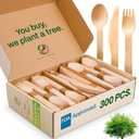 100% Compostable Cutlery Set - 300 Pieces Wooden Compostable Utensils [120 Forks, 90 Knives, 90 Spoons] - Disposable Wooden Cutlery, Eco Friendly Forks And Spoons Disposable Cutlery Set Party Utensils