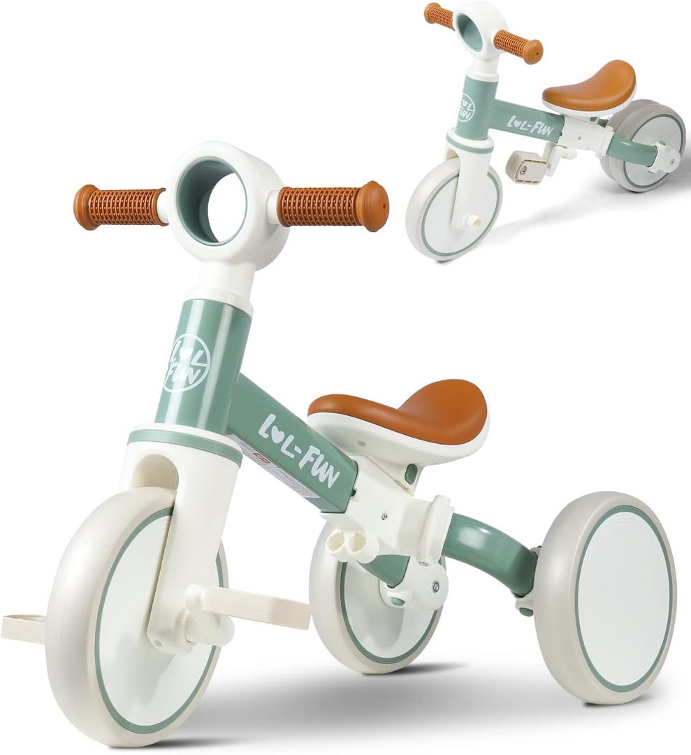 LOL-FUN Tricycle for Toddlers 1-3 Years Old Boys Girls Toy, 4 in 1 Baby Balance Bike for 1 2 Year Old Gift, Kids Bicycle with Easy Assembly Removable Pedal (Mint)