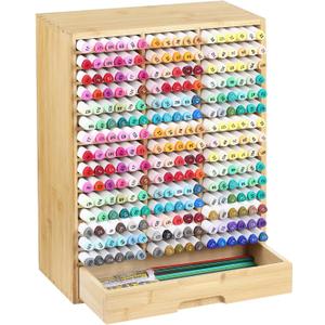 AUTOARK Bamboo Marker Organizer for 225 Markers,Desktop Storage Hold with drawers,Art Markers Pens Pencils Art Brushes Stationary Organizer Marker Pen Holder,AHK-063