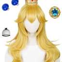 Kids Long Blonde Curly Princess Wig with Bangs + Crown Headband + Ear Clips + Brooch + Wig Cap 22'' Golden Wave Wigs for Girls Child Toddler Halloween Costumes Party