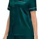 SWOMOG Couples Matching Pajamas Set Satin Short Sleeve Button Down Tops Silk Shorts Pj Lounge Set Soft Sleepwear (Green, M)