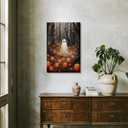 Vintage Halloween Wall Art Ghost in the woods with pumpkins Poster haunting ghost Canvas print dark academia gothic oil painting for Halloween Party House Room Decor 8x12inch Framed