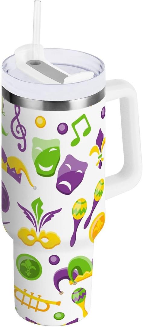 Pigsaly Carnival Mardi Gras 30oz Stainless Steel Vacuum Insulated Tumbler With Lid And Straw Fat Tuesday Carnival Tumbler With Handle Double Wall Vacuum Travel Coffee Mug Water Bottle For Women Men (Multicolor)