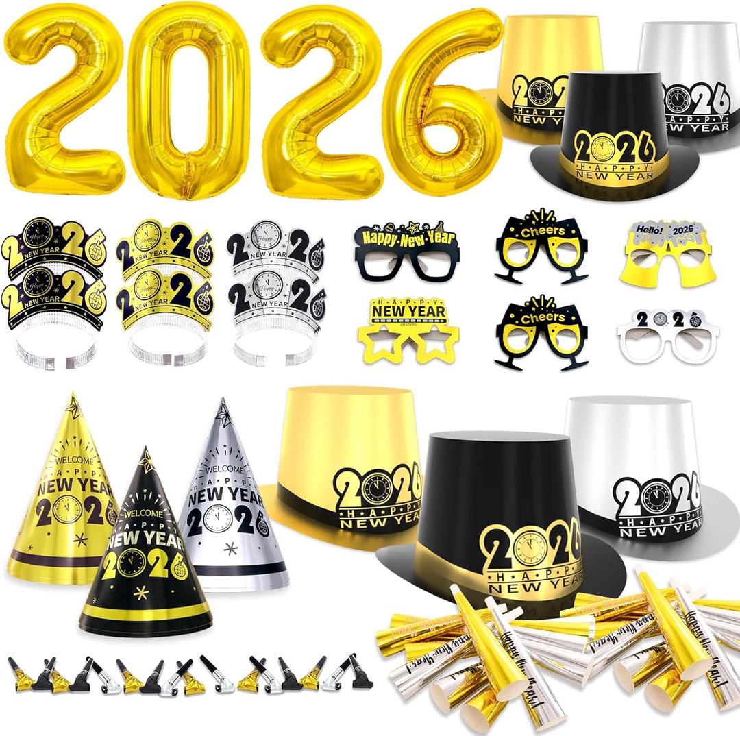 New Years Eve Party Supplies 2026 for 45 Guests, Happy New Years Decorations Party Favors Includes Top Hats, Tiaras, Glasses Accessories for Adults Kids Nye Decorations 2026