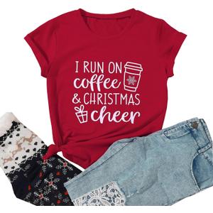 I Run On Coffee and Christmas Cheer T Shirt Women Xmas Coffee Lover Shirts Cute Graphic Holiday Casual Tee Tops (Red) XL